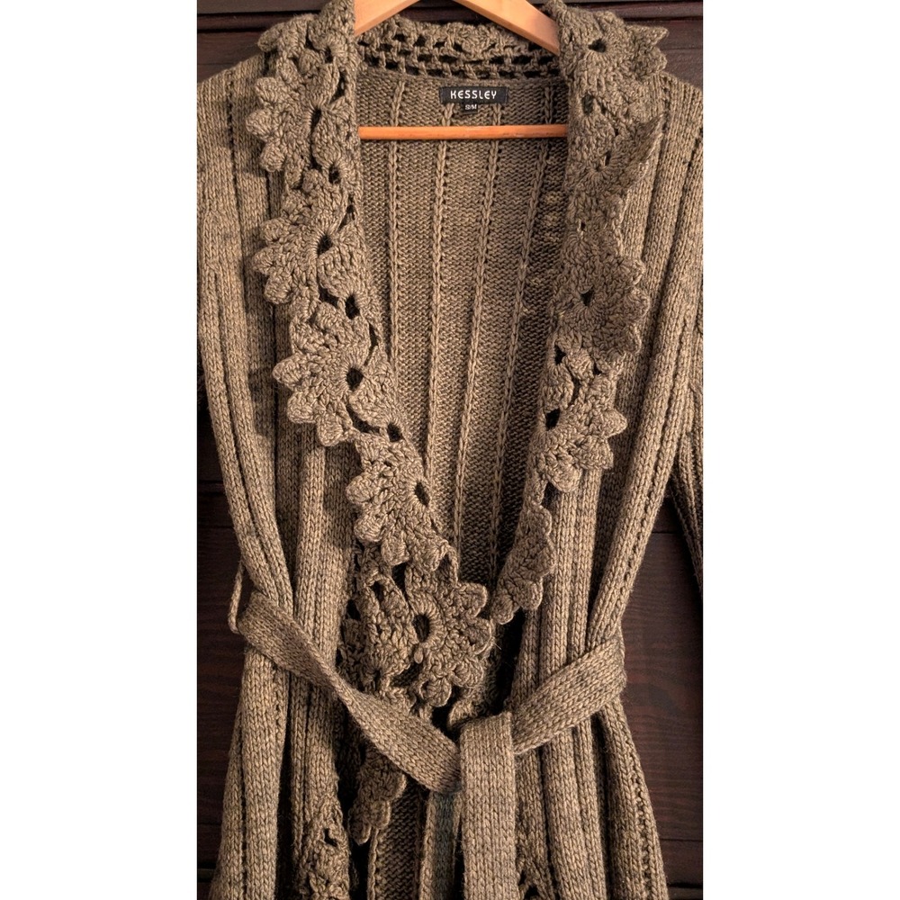 KESSLEY Brown Ribbed Knit Crochet Lace Trim Belted Cardigan Sweater S/M boho - Picture 4 of 9